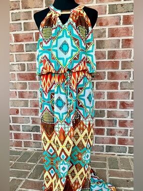 City Triangles Aztec Tribal Print Halter Maxi Dress Size Large Double Slits Boho